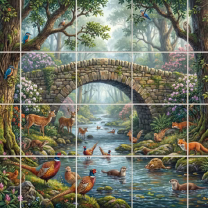 A tile mural of a woodland scene with a stone bridge and various animals.