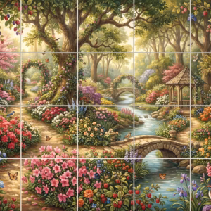 Tile mural of an enchanted garden with a path, stream, and flowers.