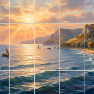 Sea Side Rays tile mural: a painterly seascape mural of a sunrise over a rocky coast with boats.