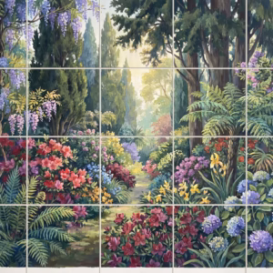 Cypress Lane tile mural: a tile mural of a colourful, flower-filled woodland garden with a central path.