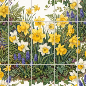 A tile mural of yellow and white daffodils with purple grape hyacinths.