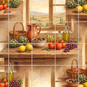 A painted still life of a rustic table with fruit by a sunny window.