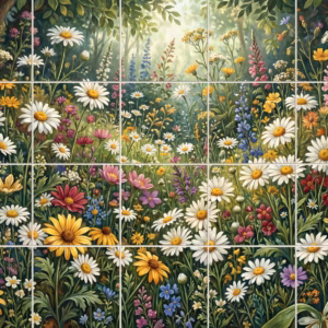 Daisy Duo tile mural: a vibrant painterly mural of a wildflower meadow in a sunlit forest clearing.
