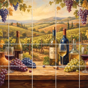 A painted still life of wine and grapes before a rolling vineyard landscape.