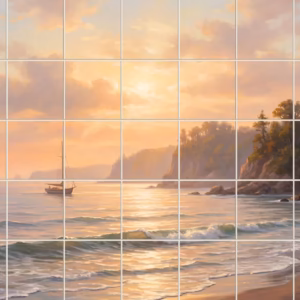 A painterly tile mural of a sailboat on the sea at golden hour.