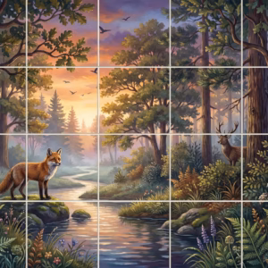 Dawns Early Light tile mural: a painted mural of a forest scene with a fox and deer by a stream.