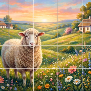 A painted sheep stands in a colourful wildflower meadow with cottages at sunrise.