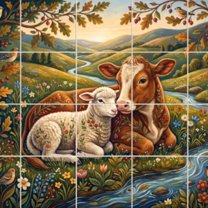 Folk art mural of a cow and lamb cuddling in a scenic countryside.