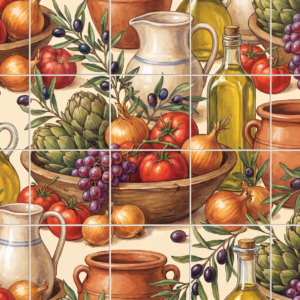 A repeating tile mural of a Mediterranean still life with produce and pottery.