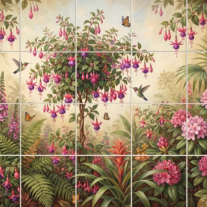 A tile mural of a lush garden with pink fuchsia flowers, hummingbirds, and butterflies.