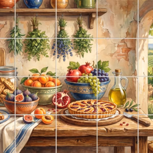 A watercolour mural of a rustic kitchen table with fruit and a vineyard.