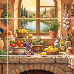 A tile mural of a rustic Italian kitchen with fresh produce and a window.