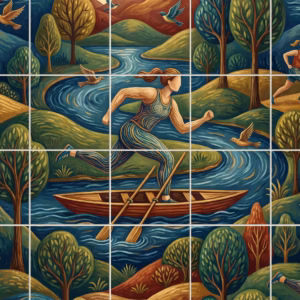 Stylised painting of people running, rowing, and performing archery in a river landscape.