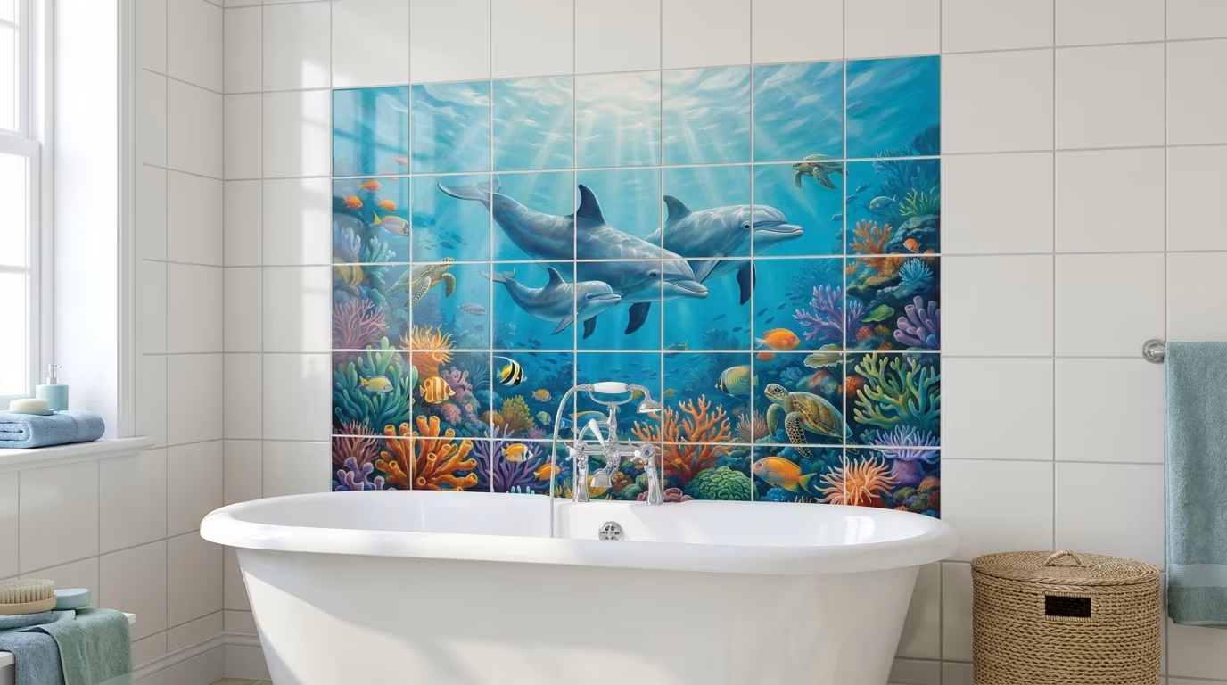 Dolphin Family - Porcelain Tile Mural - Image 2