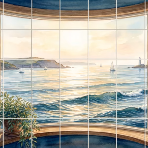 Watercolour mural of a sunlit bay with sailboats seen through a curved window.