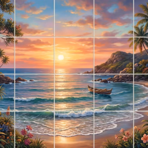 Paradise Sunset tile mural: painting of a tropical sunset over a beach with a small boat and palms.