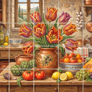 A painted still life mural of a rustic kitchen with tulips and vegetables.