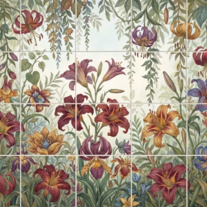 A tiled wall mural depicting a dense garden of colourful Art Nouveau lilies.