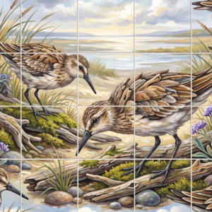 A painted tile mural of brown sandpiper birds on a sandy beach.