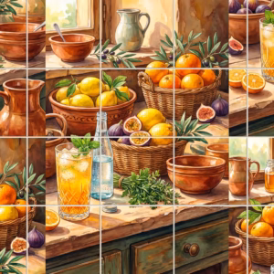Watercolour painting of a rustic kitchen counter with baskets of citrus fruit and figs.