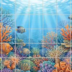 A colourful painterly mural of a tropical coral reef with fish and anemones.