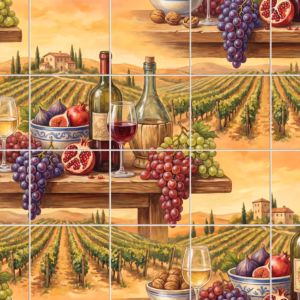 A tile mural of a wine and fruit still life with a vineyard view.