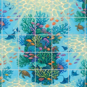 Illustrated ceramic tile mural of a colourful coral reef with turtles and rays.