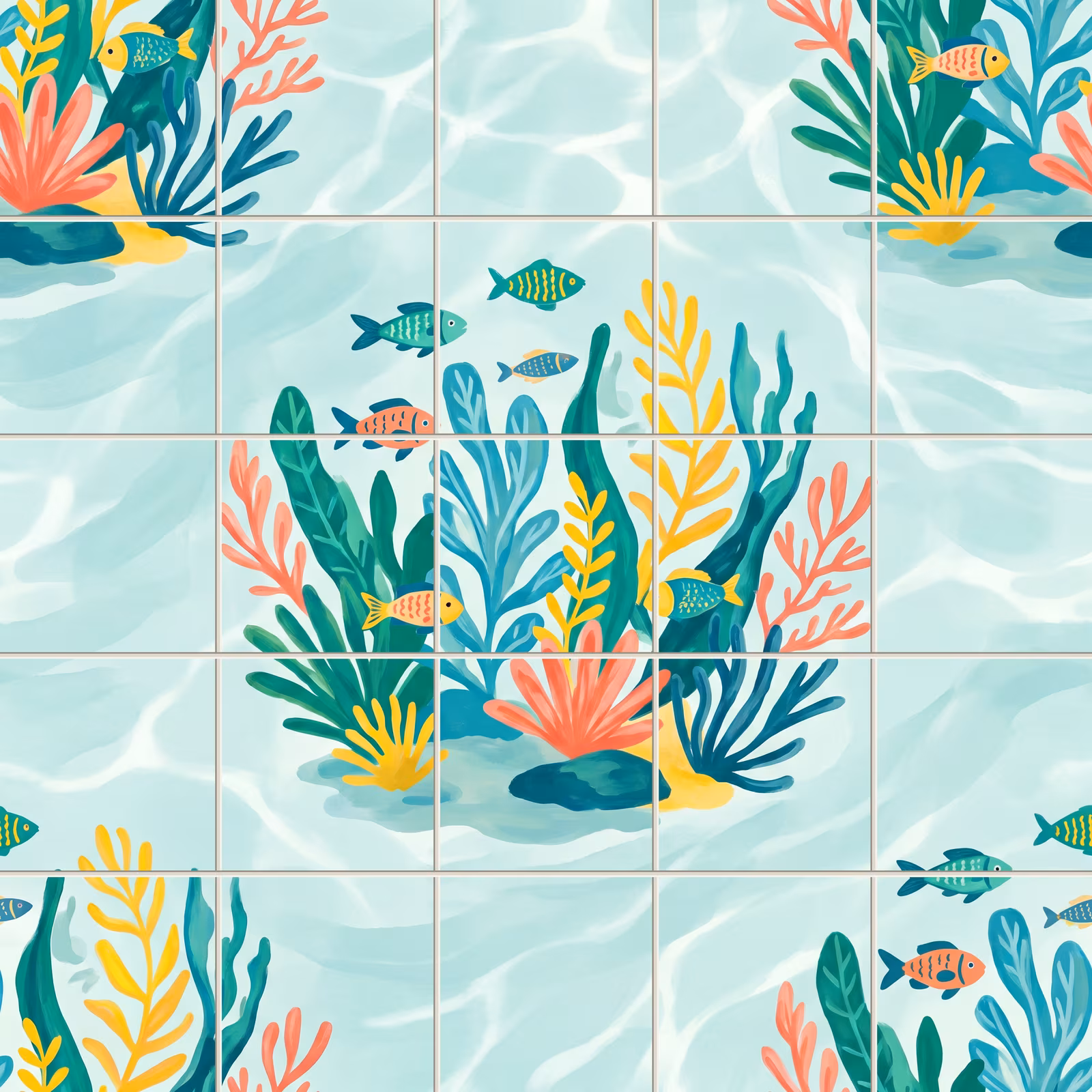 A tile mural of a colourful, illustrated underwater scene with fish and seaweed.