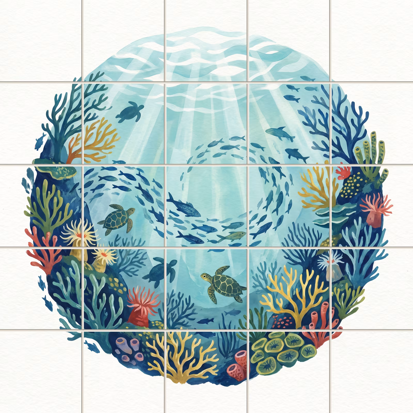 Circular watercolour mural of an underwater reef with sea turtles and schools of fish.