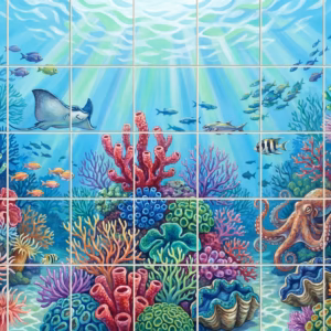 A colourful painting of an underwater coral reef with a stingray and octopus.