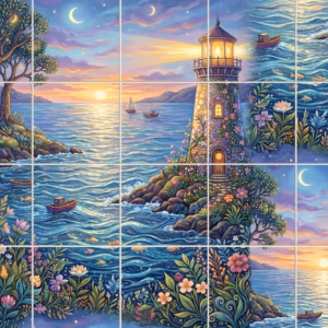 An illustrated mural of a fantasy lighthouse and magical tree by the sea.