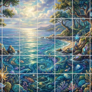 A fantasy mural of a magical forest coastline and vibrant underwater sea life.