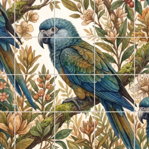 A repeating tile mural pattern of blue and green parrots on floral branches.