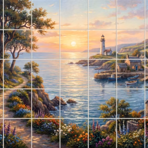 A painted mural of a coastal village and lighthouse at sunset with wildflowers.
