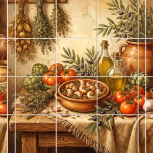 A rustic painted still life of Mediterranean food on a wooden kitchen table.