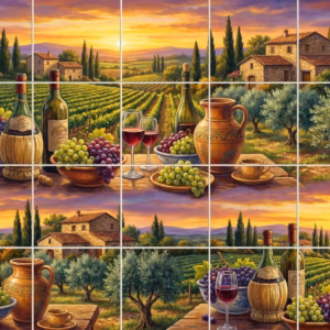 A painterly tile mural of a Tuscan vineyard scene with wine and grapes.
