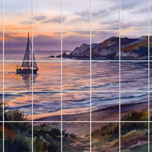 Watercolour painting of a sailboat on the sea at sunset near cliffs.