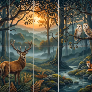 An illustrated tile mural of a forest with a deer, owls, and a fox.