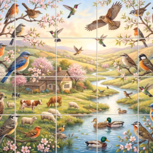 Every Bird tile mural: mural of a country landscape with many birds on blossoming branches and farm animals.