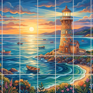 An illustrative mural of a lighthouse on a rocky coast at sunset.