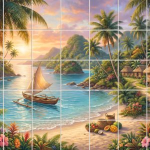 A painted mural of a tranquil tropical island beach with a canoe at sunset.