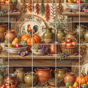 A rustic still life mural of a Mediterranean pantry with pumpkins and pottery.