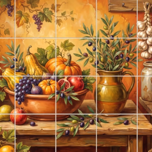 A painterly still life mural of a rustic harvest on a wooden table.