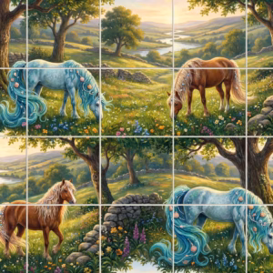 Fantasy tile mural of two magical horses grazing in a repeating green landscape.