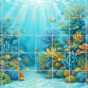 An illustrative tile mural of a colourful coral reef with tropical fish.