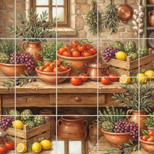 A painted mural of a rustic kitchen table with tomatoes, grapes, and artichokes.