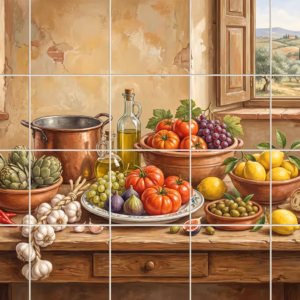 A rustic painted still life of fresh Mediterranean vegetables, fruit, and bread.
