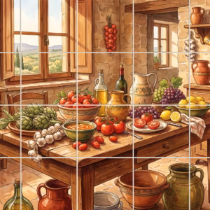 A watercolour painting of a rustic kitchen table with fresh vegetables and wine.