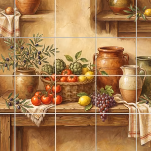 A rustic still life painting of Mediterranean produce and terracotta pots on a table.
