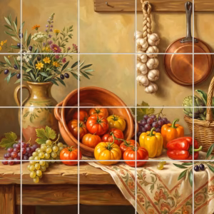 A still life painting of a harvest table with vegetables, fruit, and flowers.